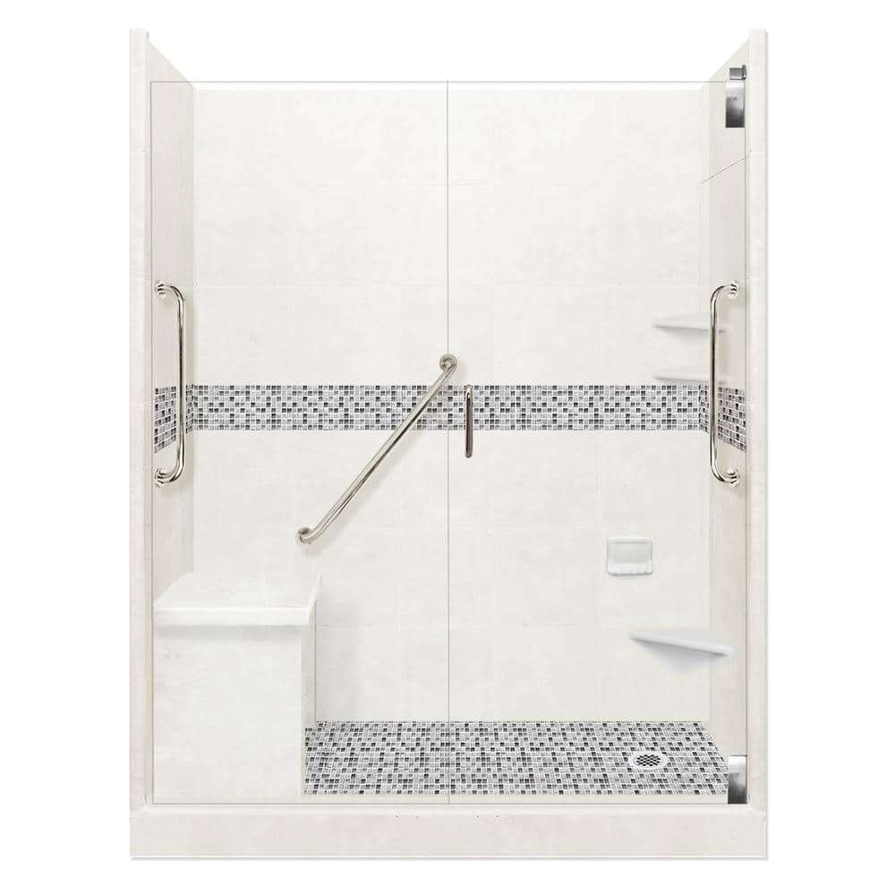 Ella Basic 37 in. x 48 in. x 80 in. AcrylX 1-Piece Low Threshold Shower Wall and Shower Pan in White, Center Drain, LHS Seat