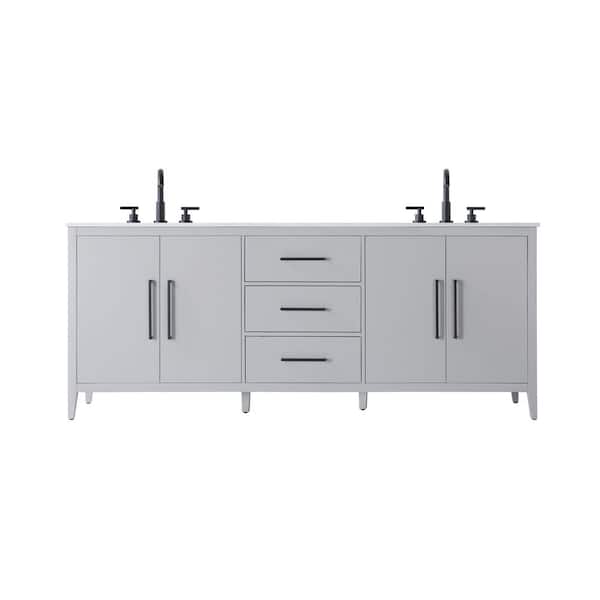 84 in. Double Sink Grey Bath Vanity with White Engineered Marble Top