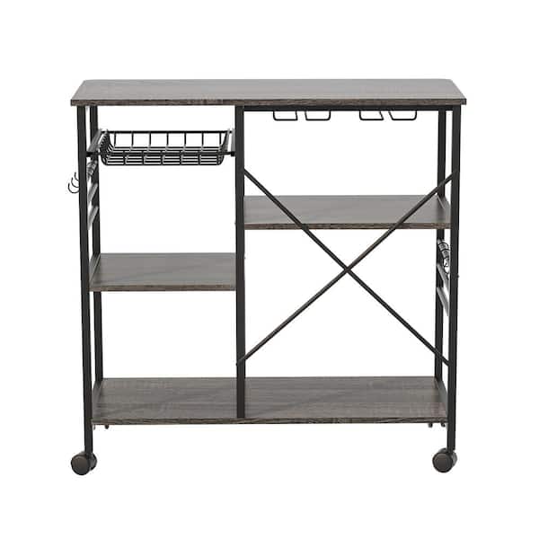 cadeninc Black Kitchen Shelf Microwave Oven Rack with 6 Hooks and 4 Removable Stop Wheels, Suitable for Kitchen / Bathroom