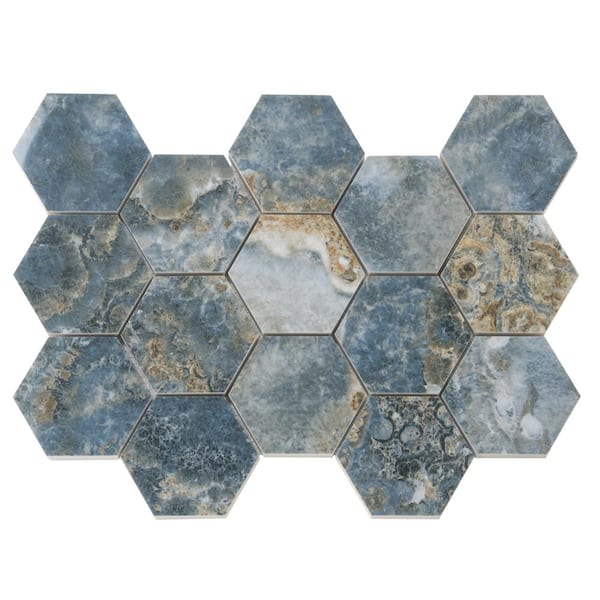Apollo Tile Splendor Blue 8.86 in. x 12.8 in. Polished Porcelain Hexagon Wall and Floor Tile (7.09 sq. ft./case) (9-pack)