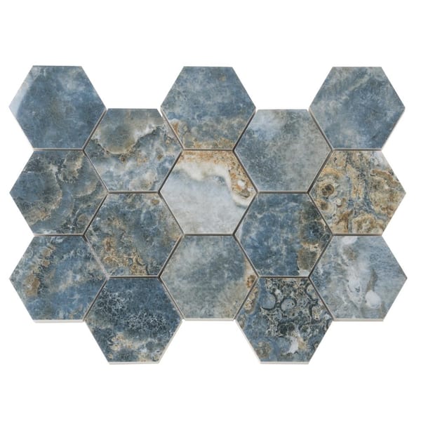 Apollo Tile Splendor 4 in. x 0.41 in. Polished Blue Porcelain Mosaic Hexagon Wall and Floor Sample Tile (0.14 sq. ft./case) (1-pack)