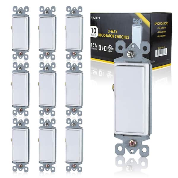 Decorator 15A Rocker 3-Way Light Switch White 10 Pack 