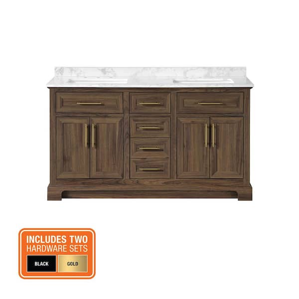 Doveton 60 in. Double Sink Dark Walnut Bath Vanity with White Engineered Marble Top (Assembled)