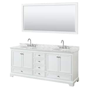 Deborah 80 in. Double Vanity in White with Marble Vanity Top in White Carrara with White Basins and 70 in. Mirror