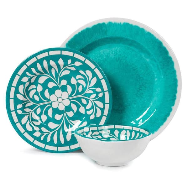 12-Piece Unbreakable Teal Melamine Dinnerware Set (Service for 4), Lightweight Yet Sturdy, Dishwasher-Safe