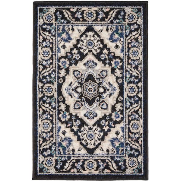 Nourison Passion Black Ivory doormat 2 ft. x 3 ft. Center medallion Traditional Kitchen Area Rug