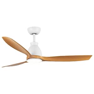 52 in. Dimmable Integrated LED Light Indoor White Remote Flush Ceiling Fan with Antique Brown Wood Graiin Blade