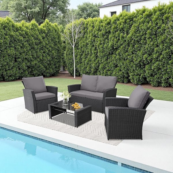 Cesicia 4-Piece Black Wicker Outdoor Furniture Sectional Set with Glass Table and Gray Cushions