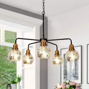 Transitional Dining Room Candlestick Chandelier 5-Light Black and Brass Chandelier with Mercury Glass Shades