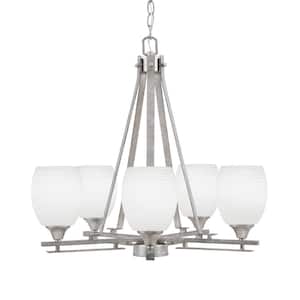 Ontario 21.5 in. 5-Light Aged Silver Geometric Chandelier for Dinning Room with White Linen Shades No Bulbs Included