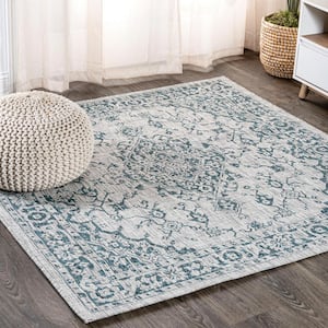 Rozetta Boho Gray/Teal 5 ft. Medallion Textured Weave Indoor/Outdoor Square Area Rug