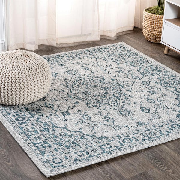 Rozetta Boho Medallion Textured Weave Gray/Teal 5 ft. Square Indoor/Outdoor Area Rug