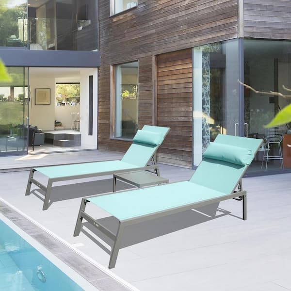 AUTMOON Pool Chaise Lounge Chairs Set of 3, Aluminum Outdoor Reclining Adjustable Chairs for Sunbathing Beach Patio, Lake Blue