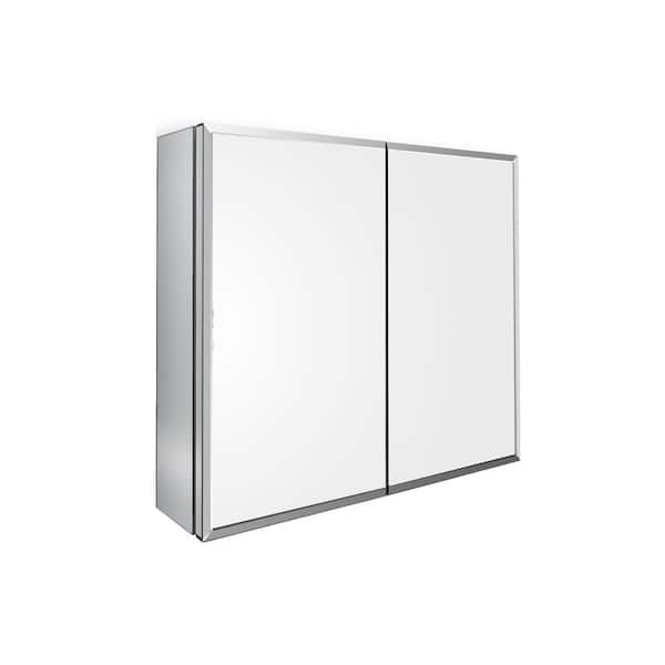 Unbranded 30 in. W x 26 in. H Double Door Rectangular Silver Aluminum Recessed/Surface Mount Medicine Cabinet with Mirror
