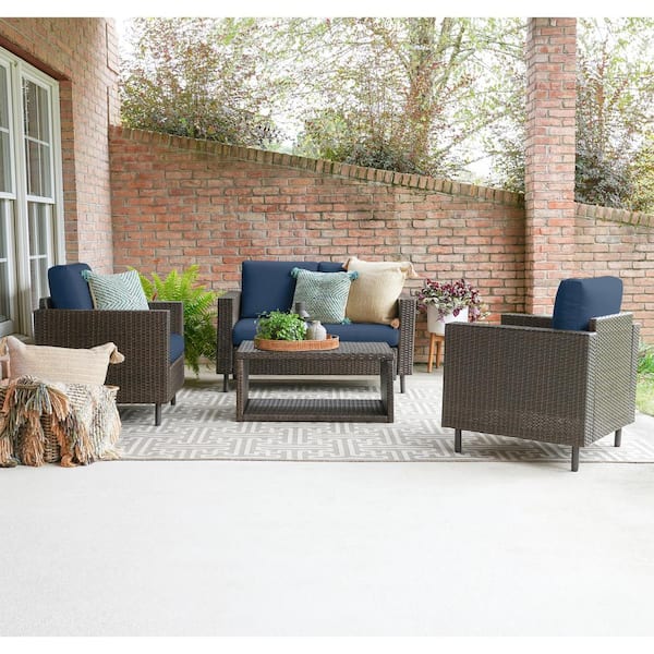 Leisure Made Draper 4-Piece Wicker Patio Conversation Set with Sunbrella Navy Cushions