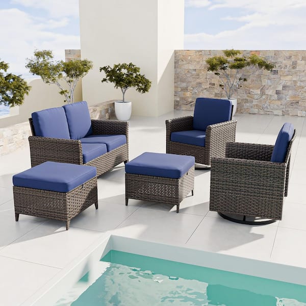 Brown Rattan Wicker 5-piece Outdoor Patio Conversation Set with Blue Cushions, Ottomans