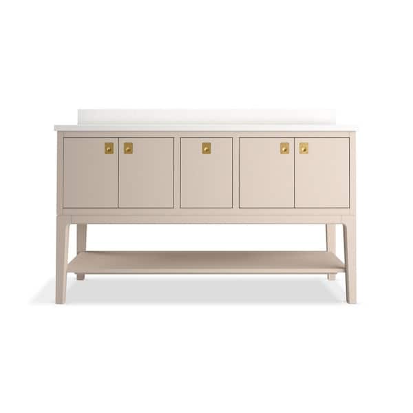 Seagrove 61in. Double Sink Freestanding Light Clay Bath Vanity with White Quartz Top Assembled