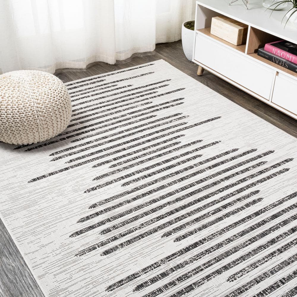 Ivory & Black Striped Synthetic 4' x 6' Easy-Care Area Rug