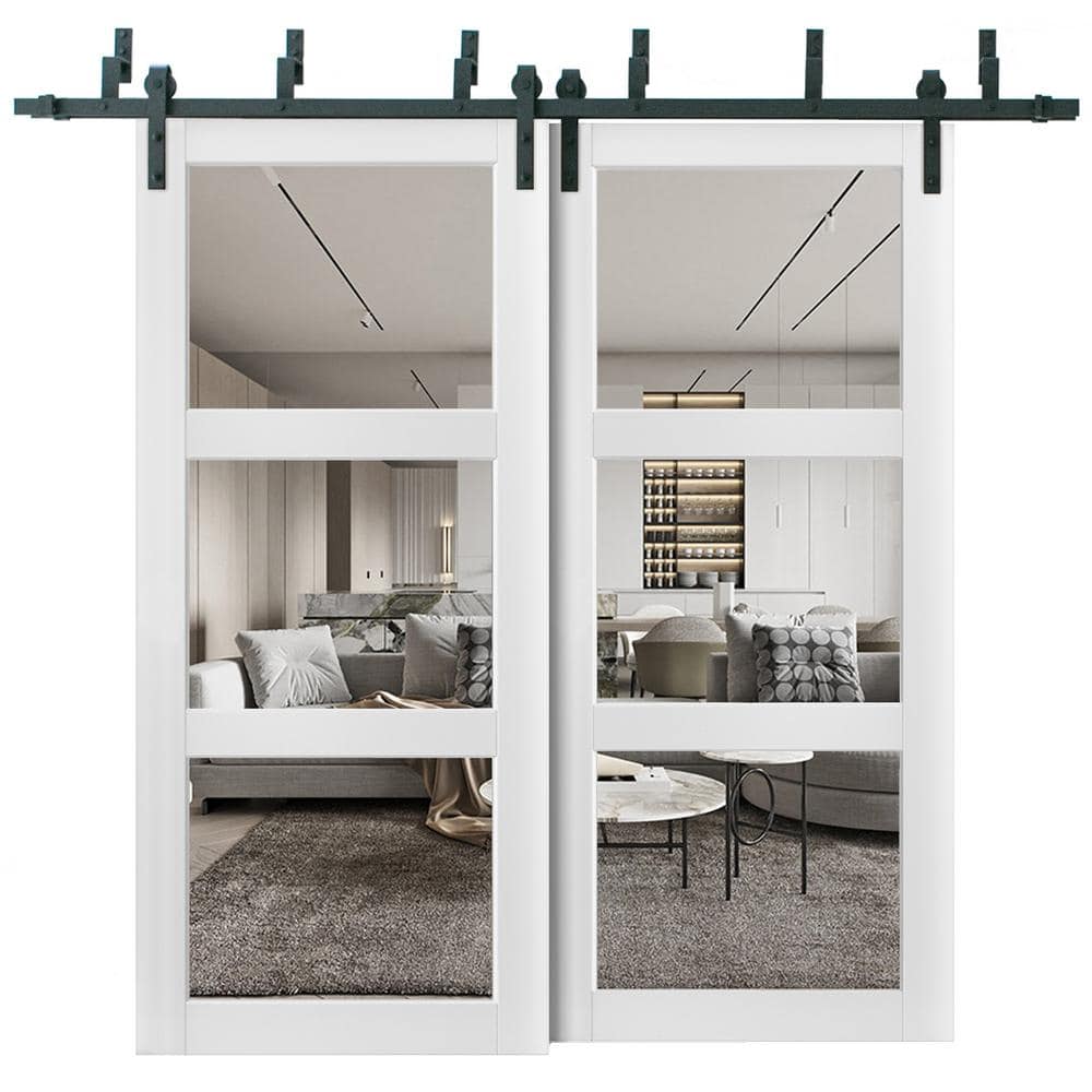 Lucia 2555 60 in. x 80 in. Full Lite Clear Glass Matte White Finished Solid Wood Sliding Barn Door with Hardware Kit -  Sartodoors