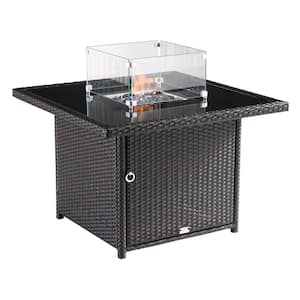 36 in. Outdoor Square Brown Wicker Aluminum Gas Propane Fire Pit Table In Tempered Glass W/Fire Glass
