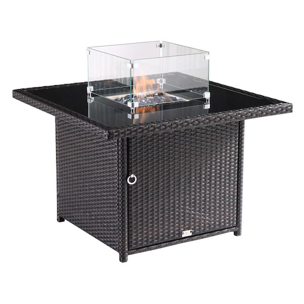 Oakville Furniture 36 in. Outdoor Square Brown Wicker Aluminum Gas Propane Fire Pit Table In Tempered Glass W/Fire Glass