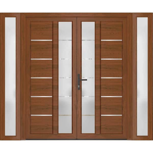14+72+ 14 in. x 80 in. Right-hand/Inswing Frosted Glass Walnut Steel Prehung Front Door with Hardware