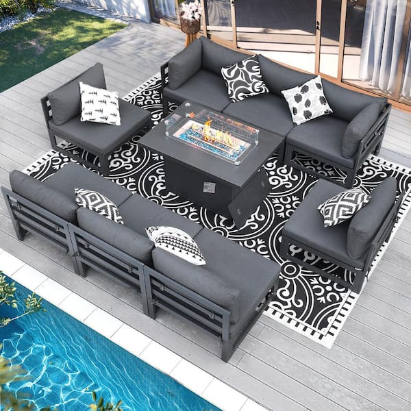 Unbranded Extra Large Gray 9-Piece Aluminum Patio Fire Pit Conversation Set Deep Seating Sectional Sofa with Dark Gray Cushions