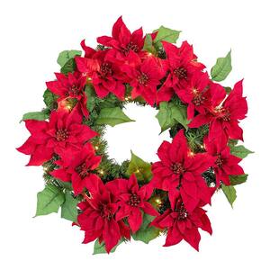 24 " Poinsettia Artificial Christmas Wreath with 30 Warm White Lights