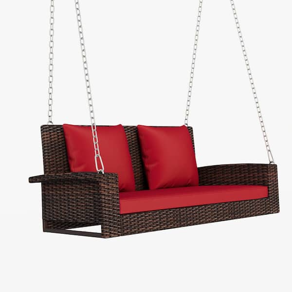 Boosicavelly 2-Person Brown Outdoor Wicker Patio Porch Swing with Red Cushions and Pillows