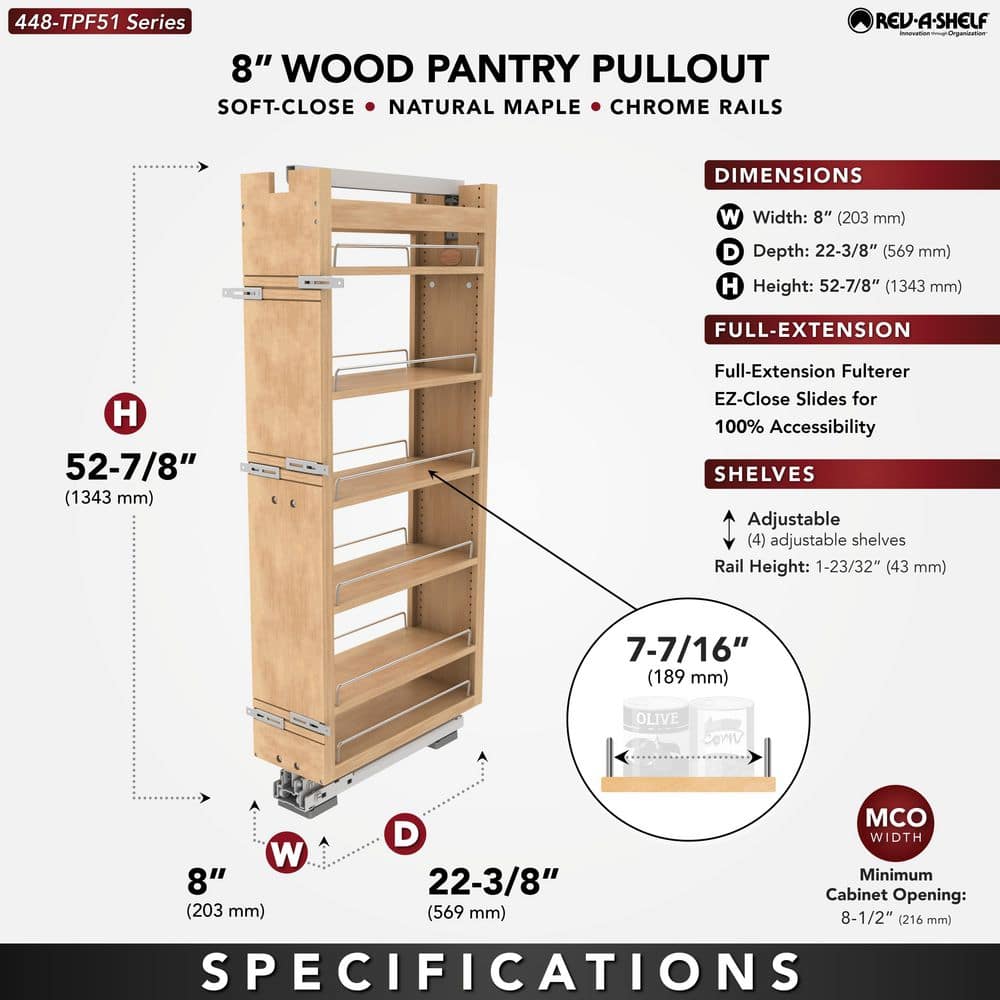 Light Brown Maple Tall Cabinet Pullout Pantry Organizer with Soft-Close