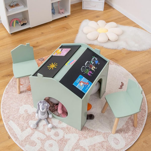 3-Piece Wood Top Green Kids Table and Chair Set with Blackboard for Drawing Reading
