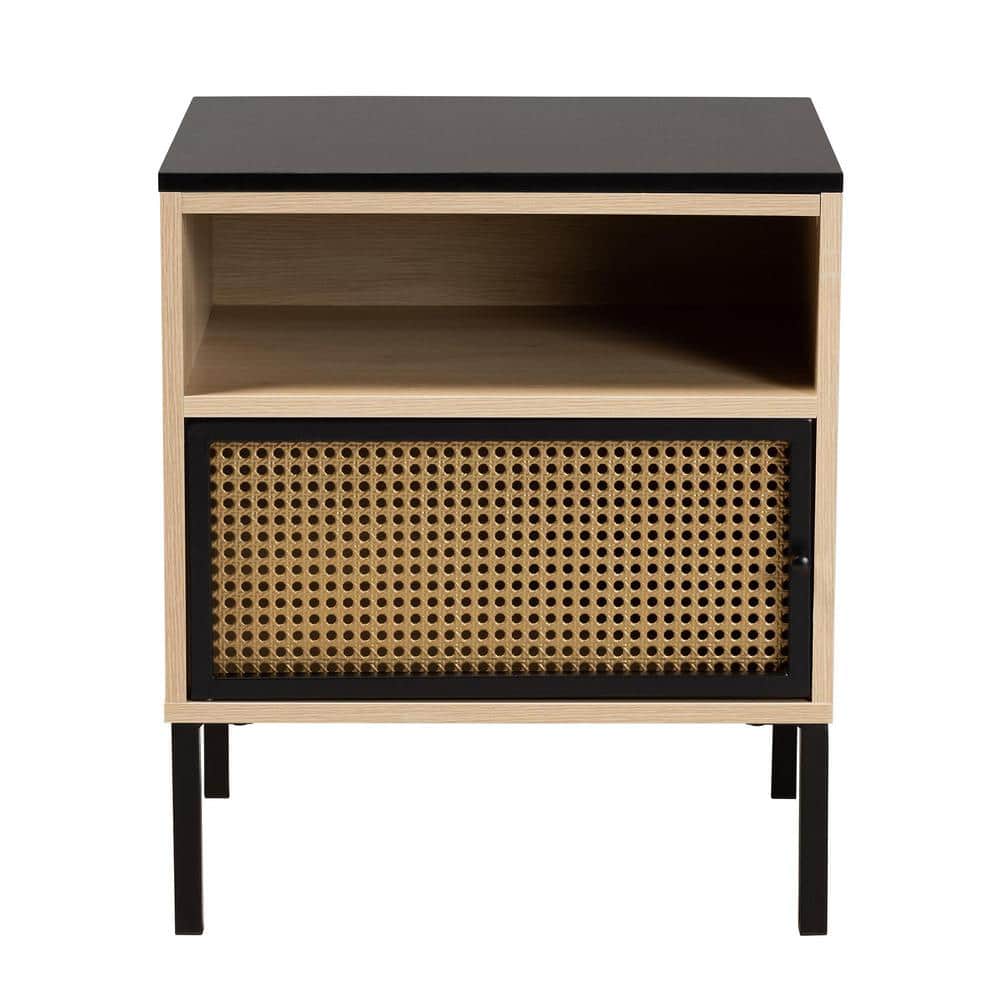 Felton Two-Tone Black Gold Metal and Light Brown Wood End Table with Storage