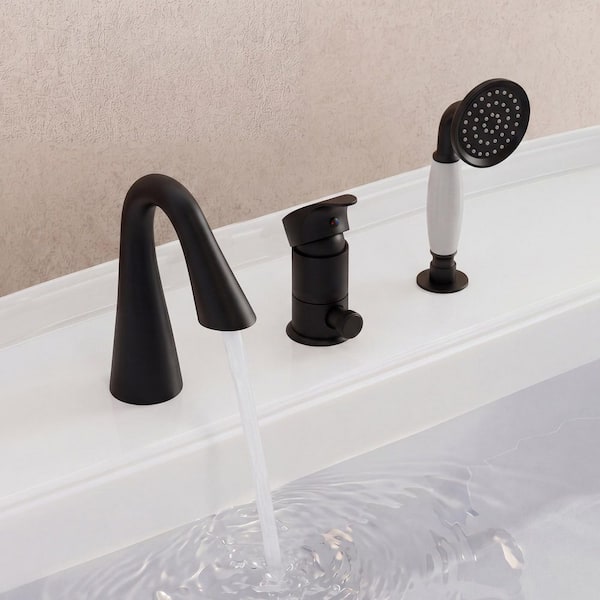 Transitional Waterfall Single-Handle Deck-Mount Tub Faucet with Vintage Hand Shower Roman Tub Filler in Matte Black