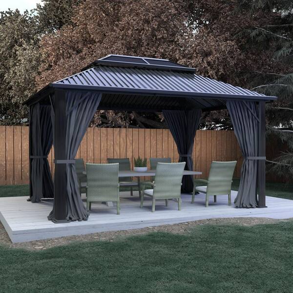 Tozey 10 ft. x 12 ft. Aluminum Outdoor Black Gazebo with Galvanized Steel  Roof, Mosquito Nets and Curtains T-GZB22-0079-10BK - The Home Depot