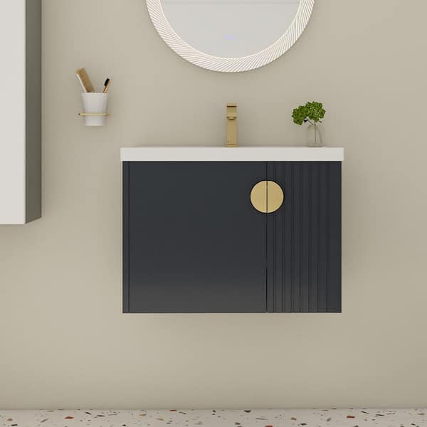 Staykiwi 28 in. W x 18.5 in. D x 21 in. H Floating Bath Vanity in Black with White Top Ceramic Sink