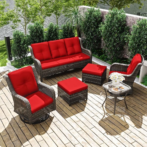 JOYSIDE 6-Piece Wicker Outdoor Patio Seating Set Sectional Sofa with Swivel Rocking Chair, Ottomans and Red Cushions