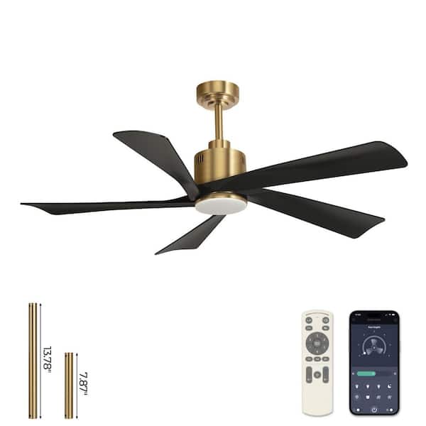 TOZING 52 in. LED Smart Indoor Modern Black Gold Downrod Low Profile Semi Flush Mount Ceiling Fan with Light Remote, 5 Blades