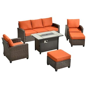 Pirani Brown 6-Piece Wicker Patio Rectangle Fire Pit Conversation Set with Orange Red Cushions