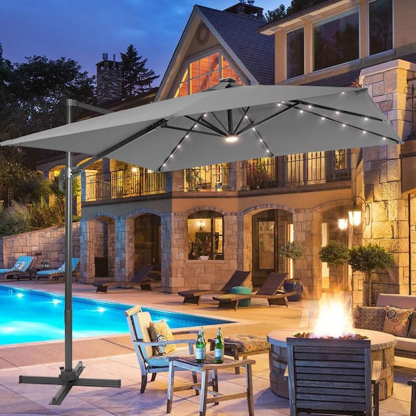 JOYESERY 10 ft. x 8 ft. Outdoor Rectangular Cantilever LED Patio Umbrella, 240 g Solution-Dyed Fabric Aluminum Frame in Gray
