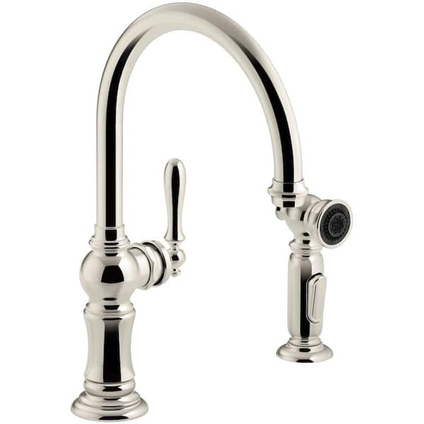 KOHLER Artifacts Single-Handle Kitchen Faucet with Swing Spout and Side Sprayer in Vibrant Polished Nickel