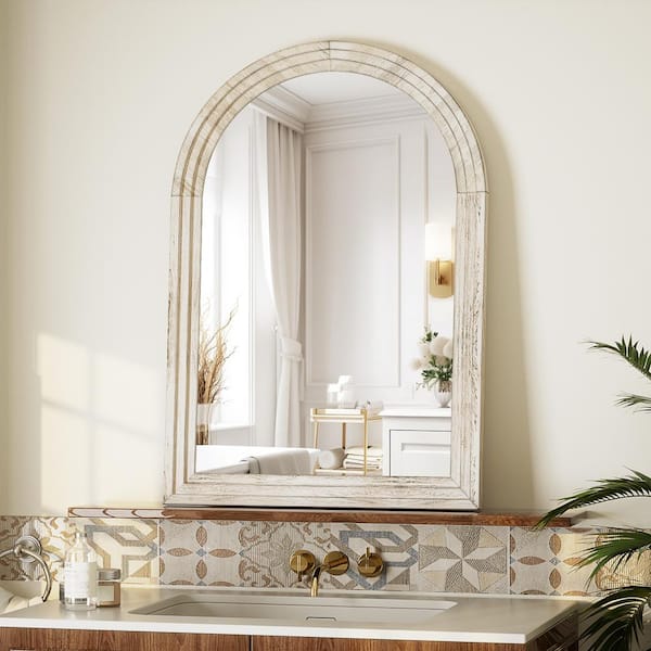 24 in. W x 36 in. H Arched Wooden Pale Taupe Framed Wall Vanity Mirror Bathroom Mirror