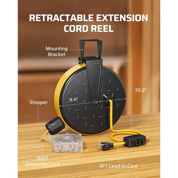 HONDERSON 30 Ft Retractable Extension Cord Reel – 3 Outlets, 10A Circuit Breaker, UL Listed, Ceiling Or Wall Mount (Yellow)