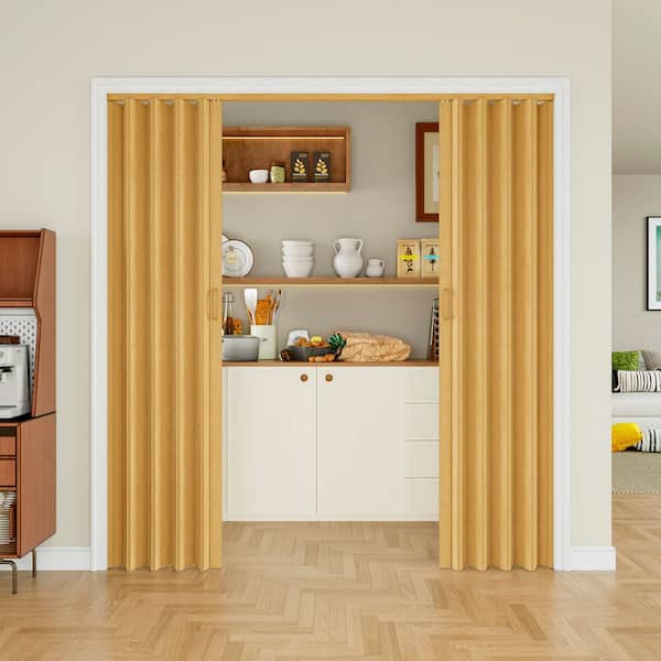 Blackout Door 72 in. x 80 in. Oak Vinyl PVC Double Layer Accordion Door, Interior Folding Doors With Hardware Kit