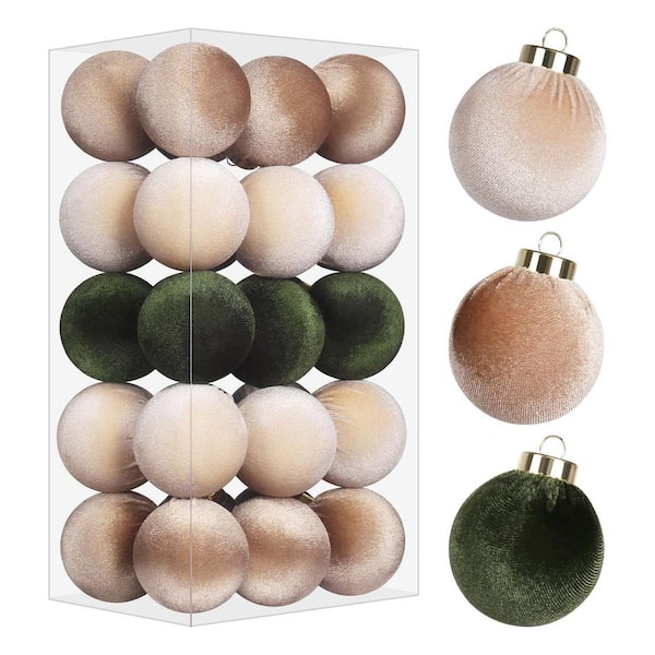 7.09 in Brown Green Flocked Velvet Christmas Ball Ornaments 30-Pack Shatterproof Tree Decor