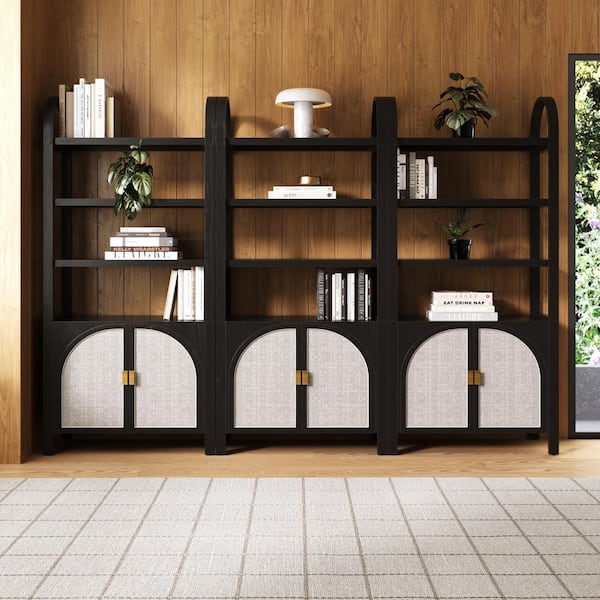 Nathan James Paxton 71 in. Tall Black Oak Boho Bookshelf w/ Solid Wood Legs, 3-Shelf Bookcase Cabinet w/ Arched Rattan Door, Set of 3