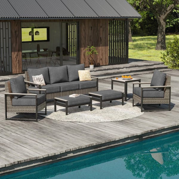 6 Pieces Patio Conversation Set with Side Table and Ottomans All-Weather Gray PE Wicker Chair with Black Cushion