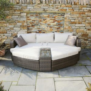 Alysa Brown 4-Piece Wicker Outdoor Patio Furniture Day Bed with Beige Cushions