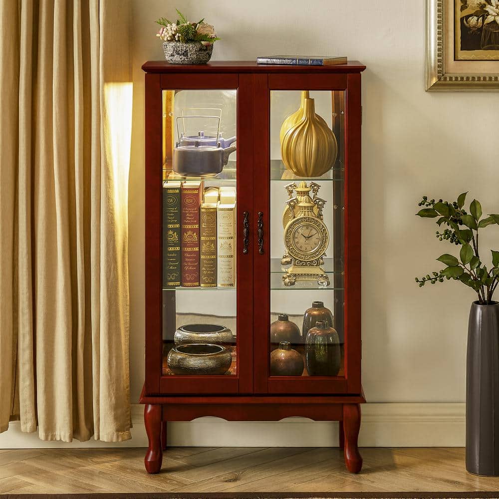 Cherry Lighted Corner Curio Cabinet with Adjustable Shelves and Mirrored Ba
