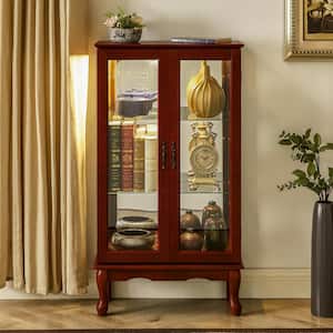 Cherry Lighted Corner Curio Cabinet with Adjustable Shelves and Mirrored Back Panel