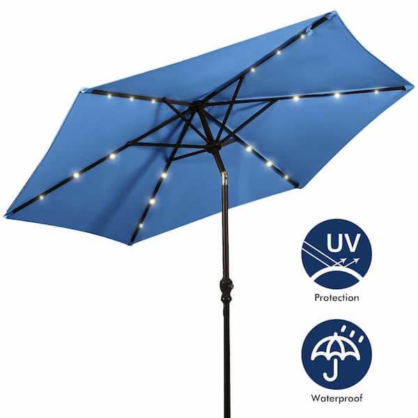ANGELES HOME 9 ft. Iron Tilt Crank Solar Lighted 6-Rib Market Patio Umbrella without Base in Navy